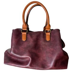 COCO & CARMEN Plum Colour Vegan Leather Handbag Crossbody Strap Brown Accents